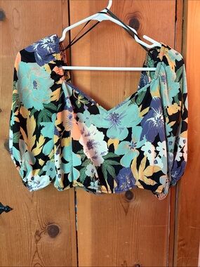 Sienna Sky Black Floral Off-Shoulder Crop Top with Mint & Yellow Accents